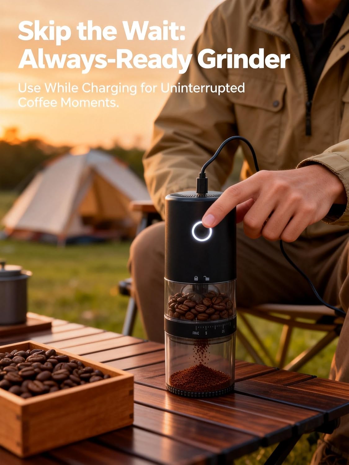 Portable Electric Burr Coffee Grinder - Grind While Charging - Visual Bean Hopper - 38 External Grind Settings - 1.8X