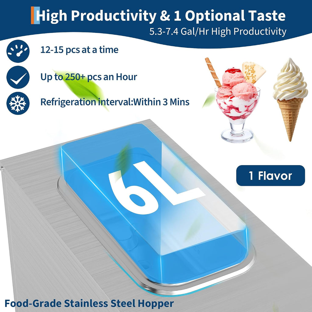 1500W Single Flavor Commercial Soft Ice Cream Maker, 5.3-7.4 Gal/Hr Soft Serve Ice Cream Machine with 5" Display