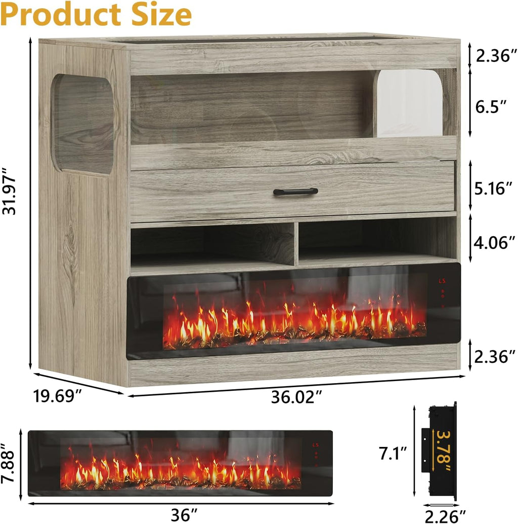 36" Hamster Cage with Storage Cabinet, Small Animal Cage with 36" Electric Fireplace, Flip-Top Lid & Acrylic Viewing