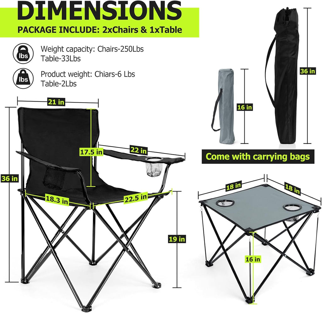 Camping Lawn Chairs & Table Set, Large Beach Chairs for Outside | Portable Folding Camp Chair for Adults, Heavy Duty
