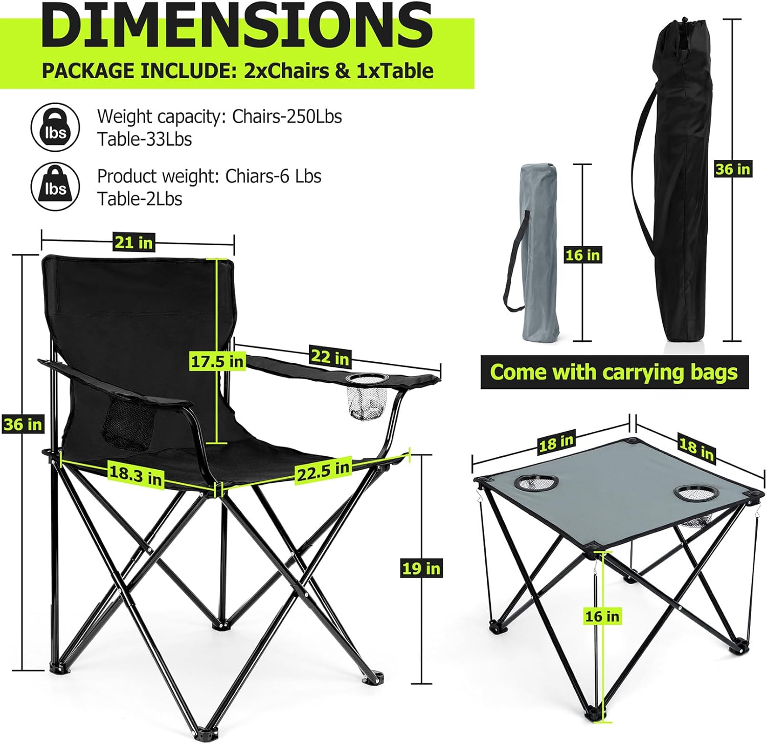 Camping Lawn Chairs & Table Set, Large Beach Chairs for Outside | Portable Folding Camp Chair for Adults, Heavy Duty