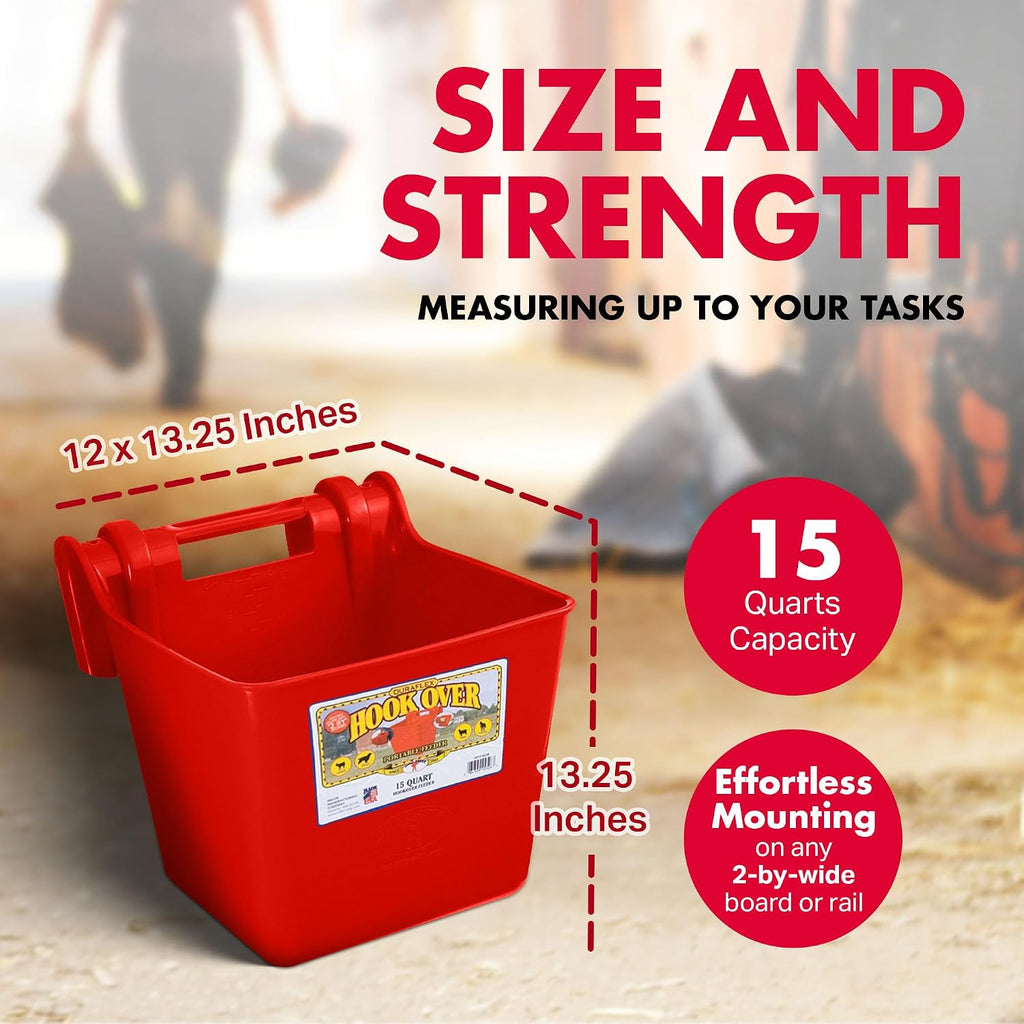 Plastic Hook Over Feeder | Mountable Livestock & Pet Feed Bucket | Horse Feed Bucket | Made in USA | 15 Quarts | Red