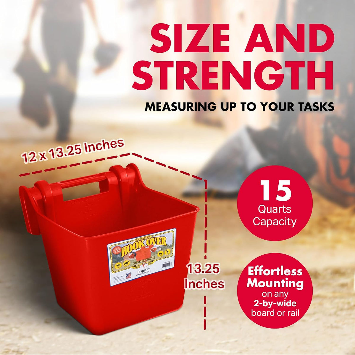 Plastic Hook Over Feeder | Mountable Livestock & Pet Feed Bucket | Horse Feed Bucket | Made in USA | 15 Quarts | Red