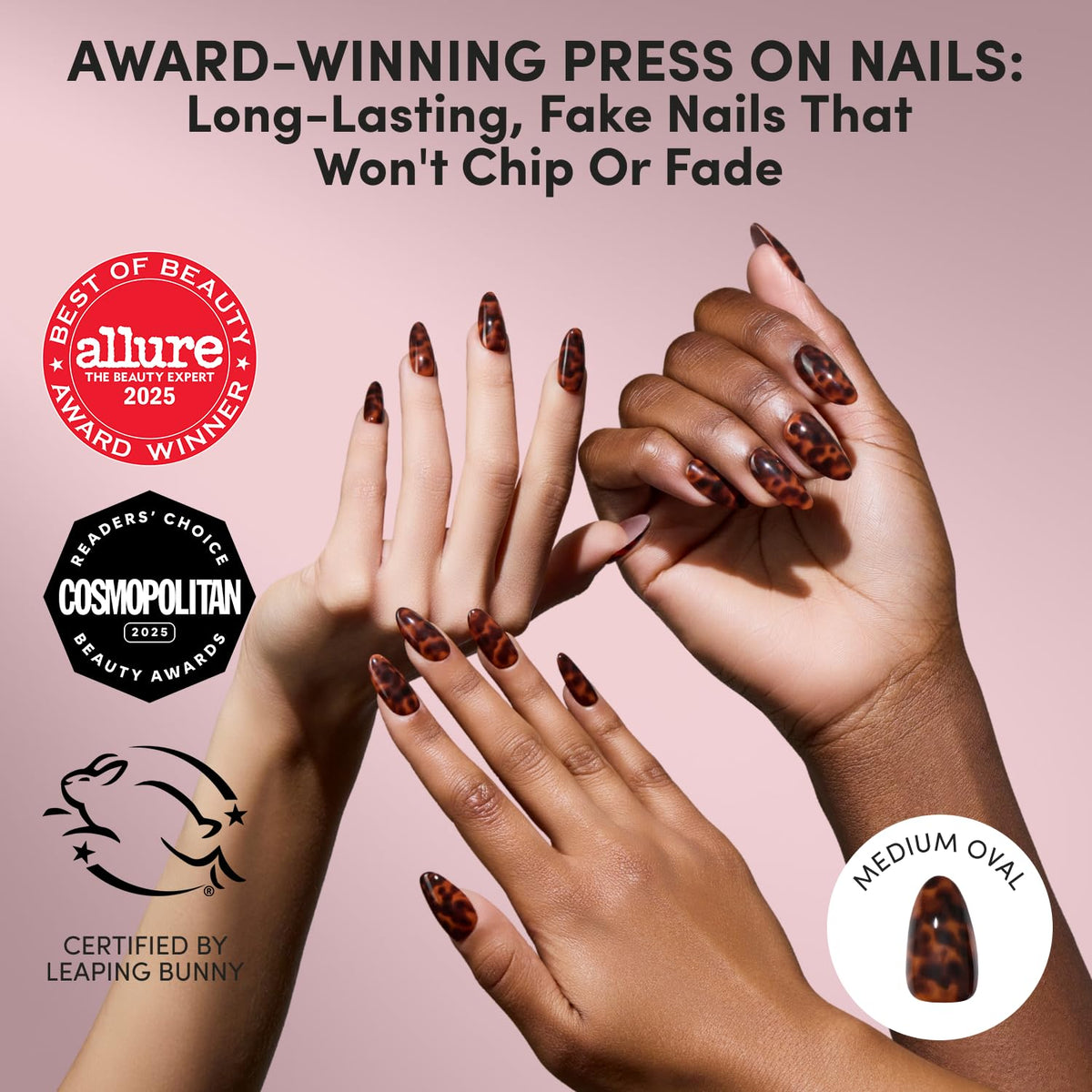 Press On Nails - Medium Oval, Glossy Fake Nails 30 Pc Full Kit