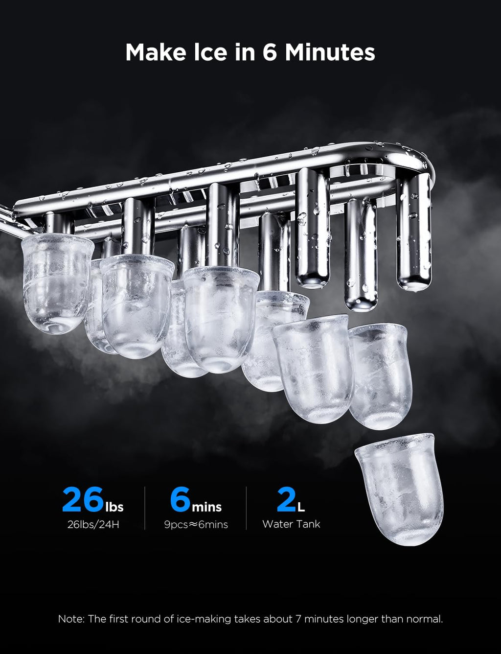 Smart Ice Maker, 9 Ice Cubes in 6 Mins 3 Sizes, 26lbs/Day, Silver