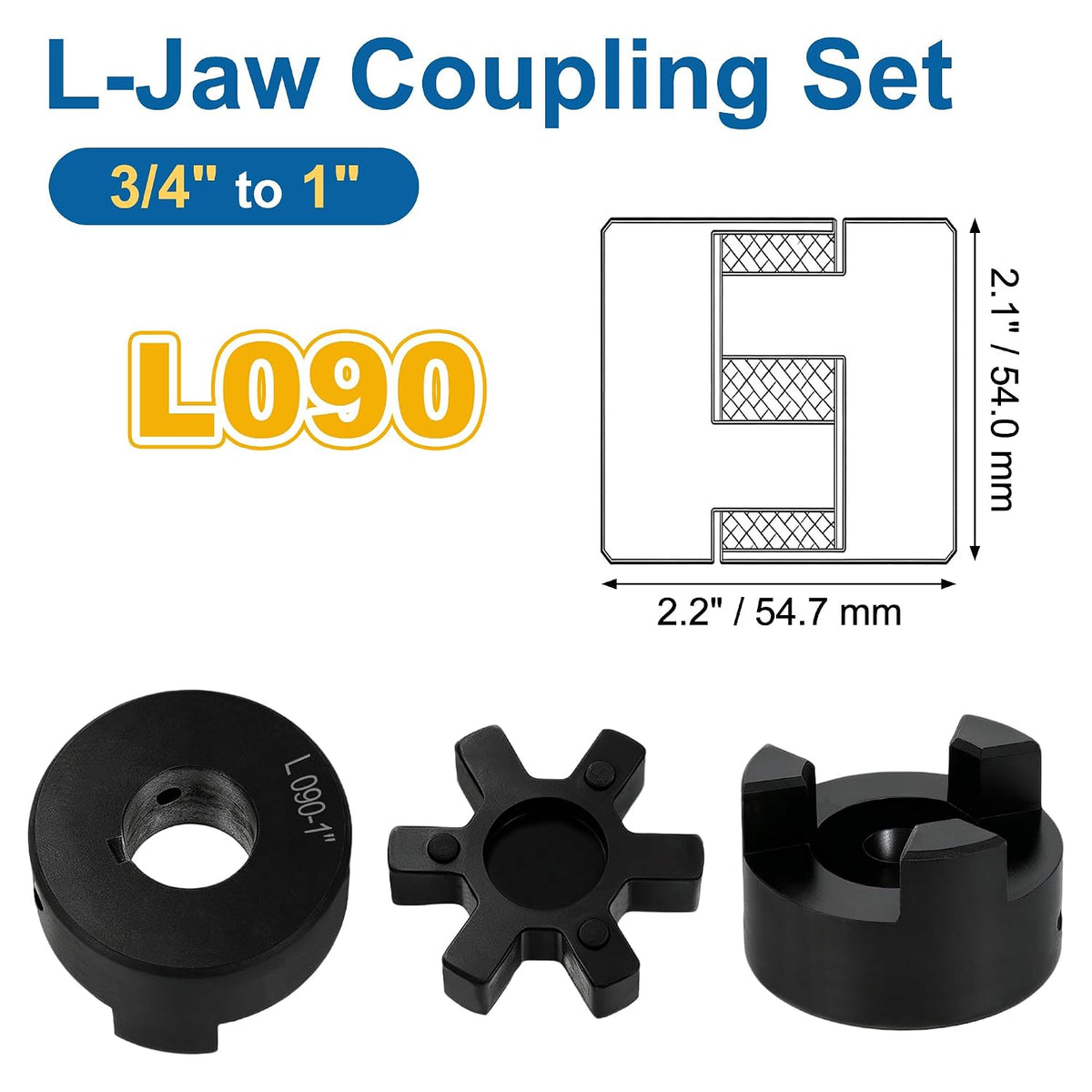 L090 L-Jaw Coupling, 3/4 to 1 in, Flexible Log Splitter Pump Coupler