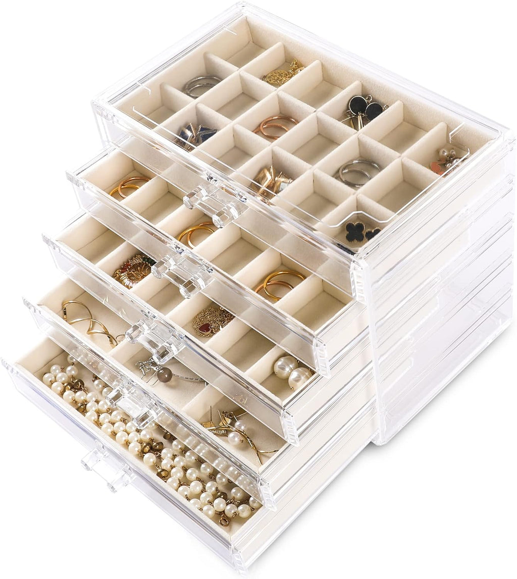 Acrylic Jewelry Box for Earring,Jewelry Organizer with 5 Drawers | 61 Jewelry Storage Grid for Rings Stud