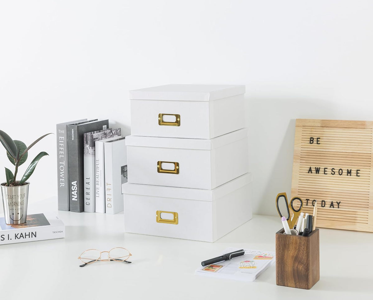 White and Gold Decorative Storage Boxes with Lids, Set of 3