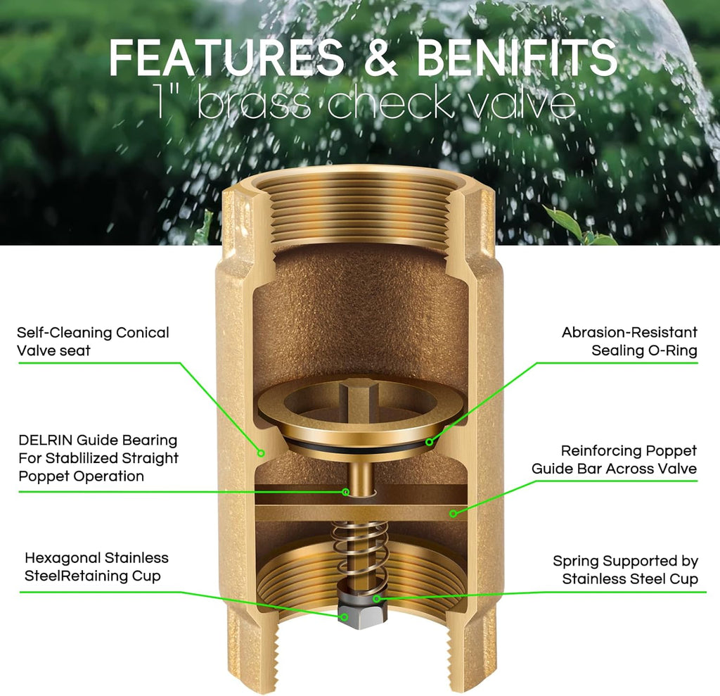 1" No-Lead Brass Check Valve For Well Pump with Backflow Preventer, 1" FNPT