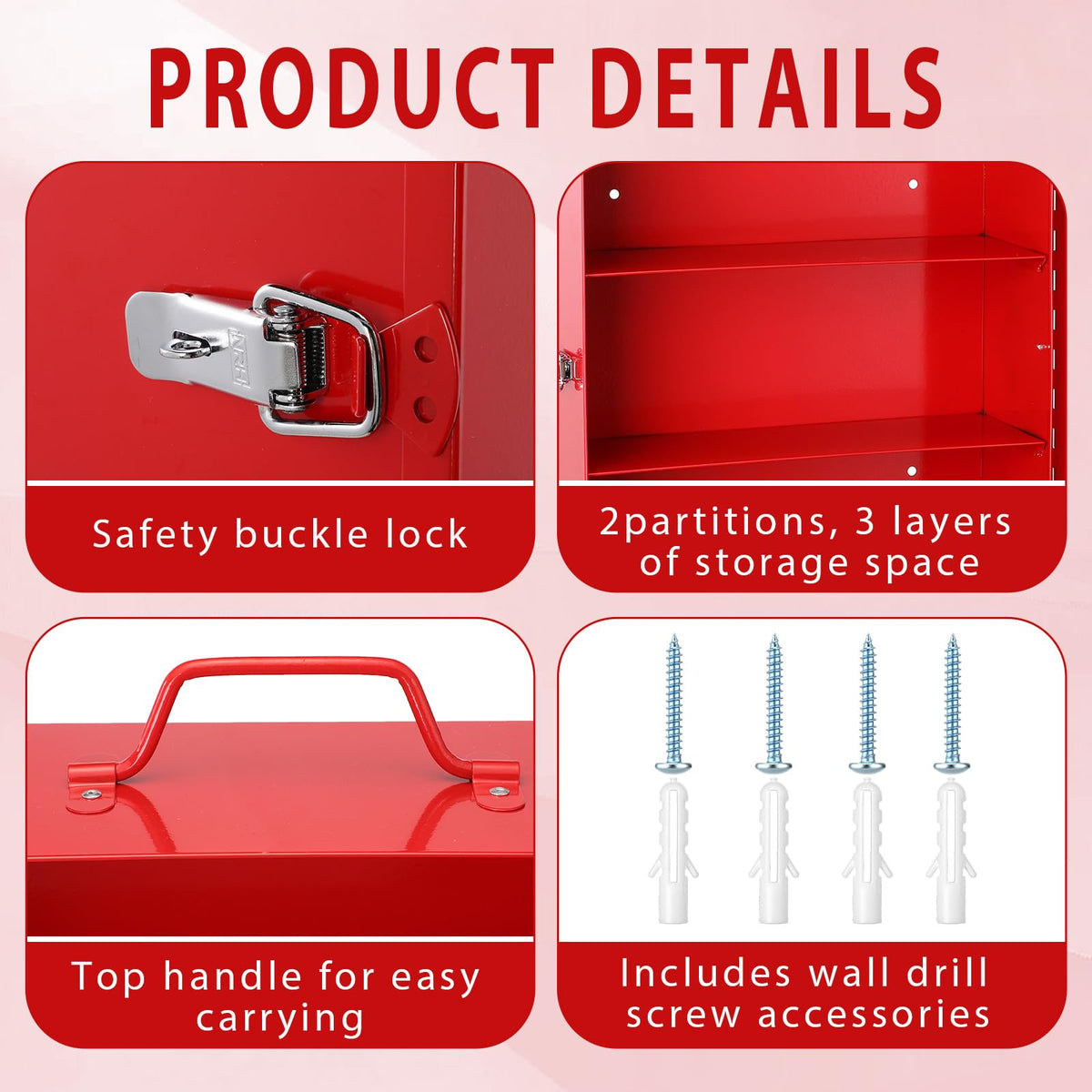 2 Pcs First Aid Kit with Lock 3 Shelf Wall Mount Medicine Cabinet