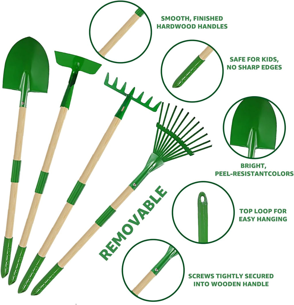 10Pcs Kids Gardening Tools Set - Wheelbarrow Toys with Shovel, Rake, Hoe and Leaf Rake for Outdoor Backyard Play