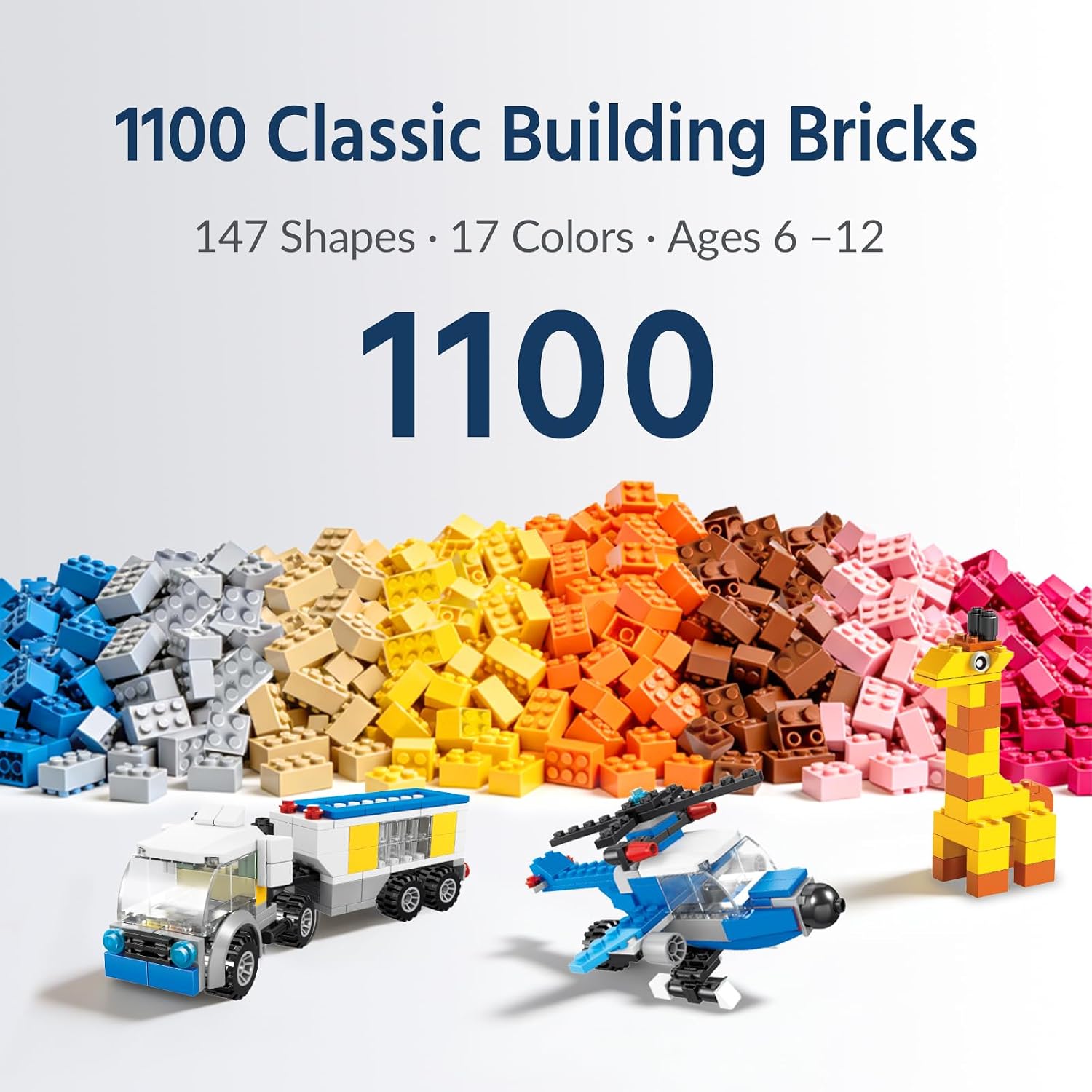 1100 PCS Building Blocks for Kids 6-12, STEM Learning Bulk Bricks Set, 147 Shapes 17 Colors, Compatible with All