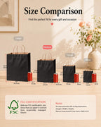 100-Pack Medium Size Gift Paper Bags with Handles Bulk 10.6"x8.3"x4.3" Black Party Kraft Shopping Bags