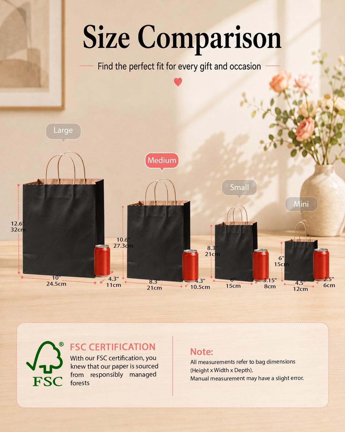 100-Pack Medium Size Gift Paper Bags with Handles Bulk 10.6"x8.3"x4.3" Black Party Kraft Shopping Bags