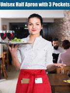 5 Pack Red Waist Aprons for Adults 3 Pockets Half Bistro Apron