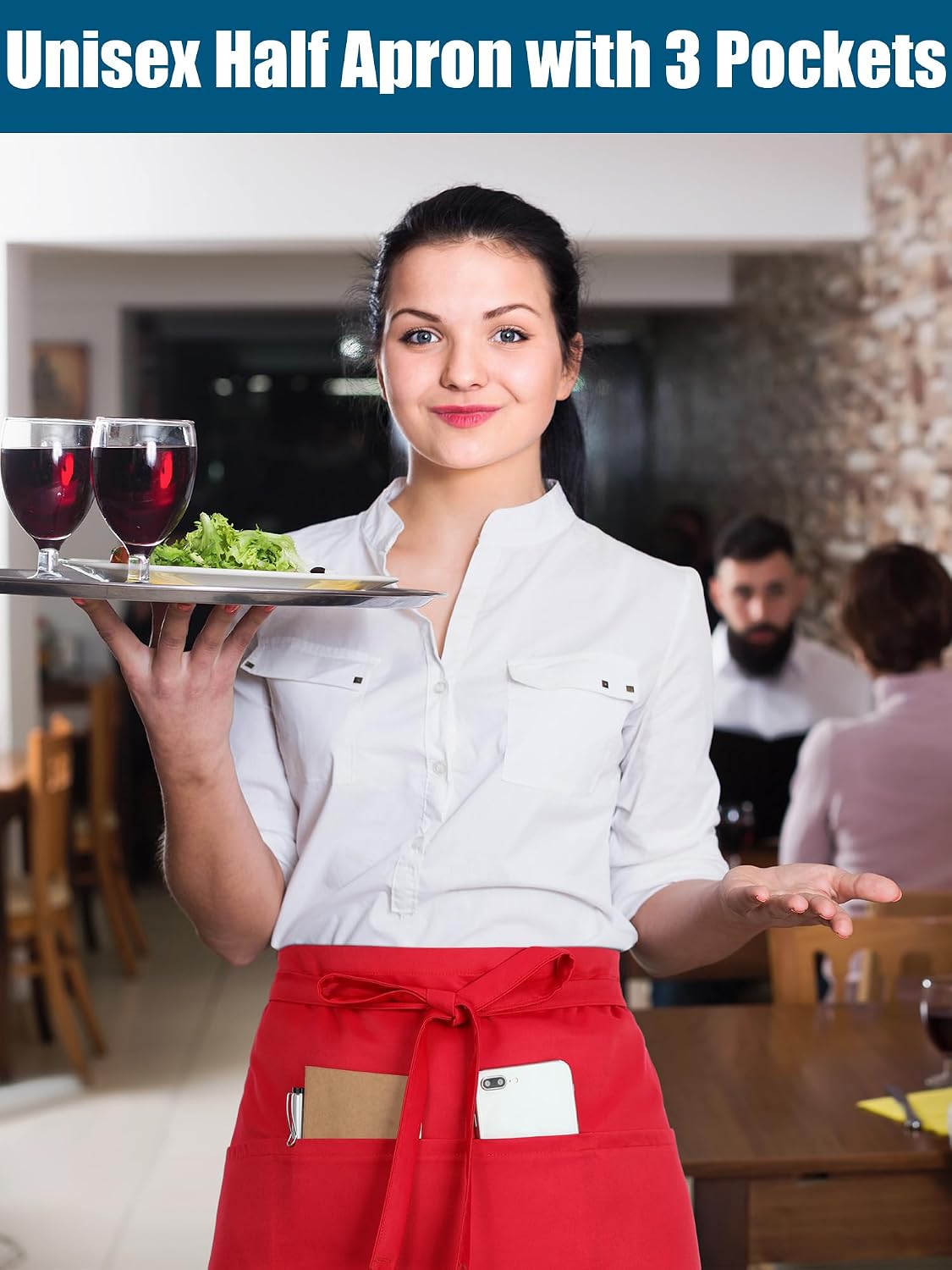 5 Pack Red Waist Aprons for Adults 3 Pockets Half Bistro Apron