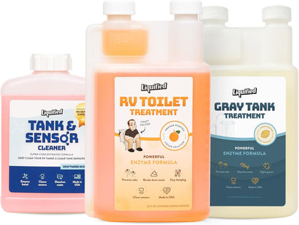 Liquified RV Tank Reset Kit – Black Tank Treatment (Orange 32oz), Gray Tank Cleaner, and Sensor Cleaner – Enzyme RV