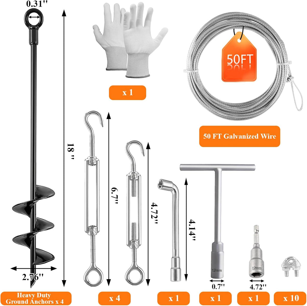4 Pack 18" Ground Anchors Shed Anchor Kit with 50ft Galvanized Cable & 4 Pack Turnbuckles, Heavy Duty Ground Anchor