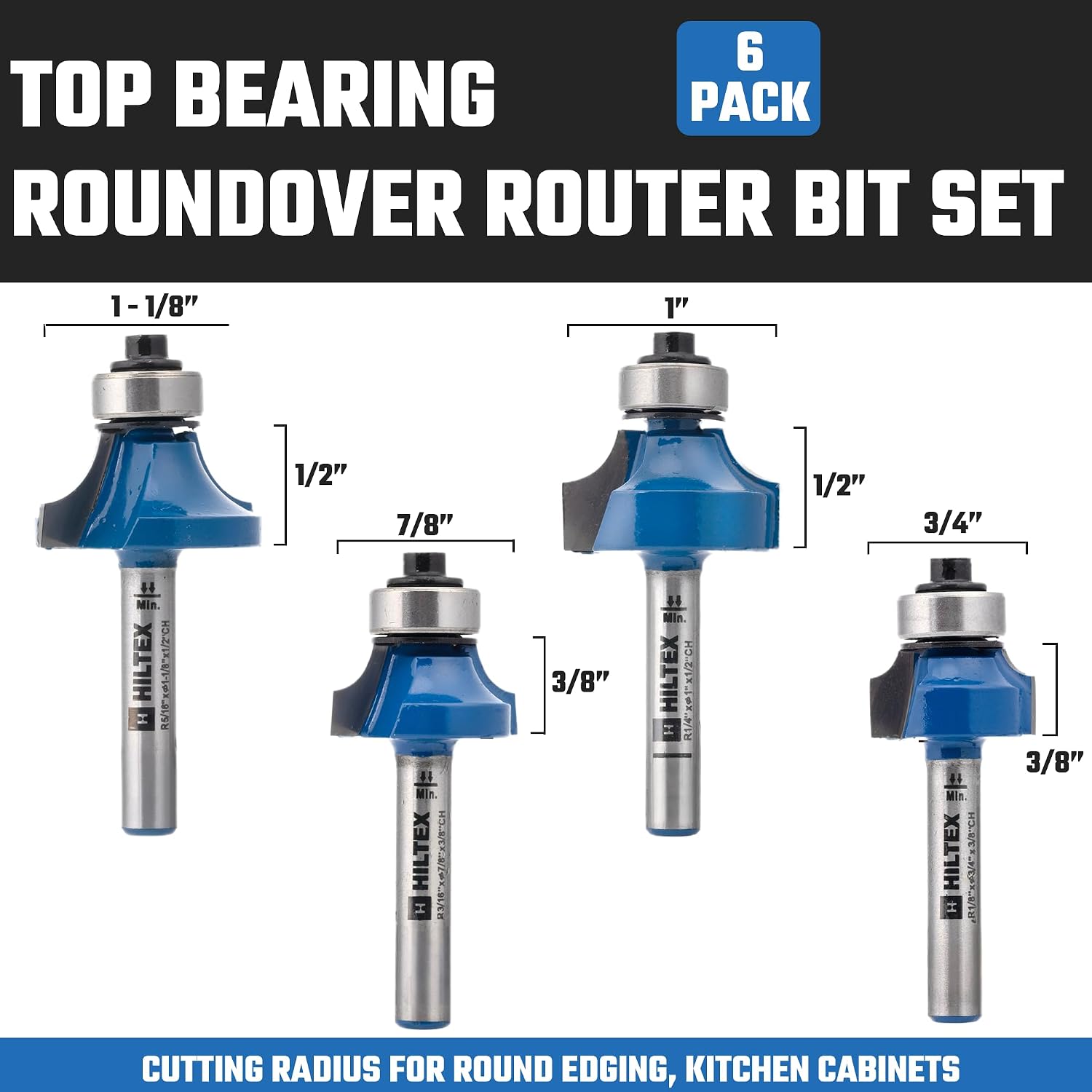 10109H Top Bearing Roundover Router Bit Set, 4 Pieces, 1/4 Inch Shank, CNC Woodworking Tool, 1/8" 3/16" 1/4" 5/16"