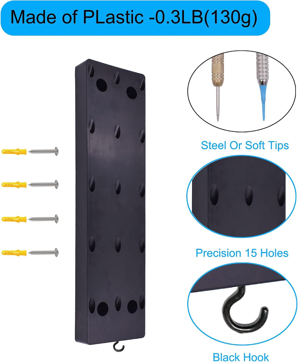 Dart Holder Wall Mount/Stand/Caddy/Display Rack Storage -Plastic -Hold 15 Steel or Soft Tip Darts W Screws -No Darts