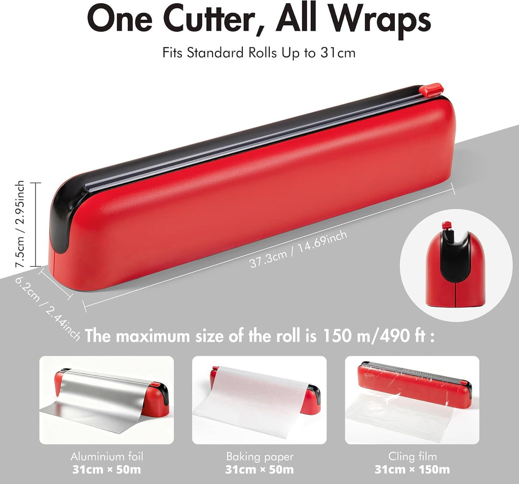 Aluminum Foil & Plastic Wrap Dispenser with Cutter - Easy One-Hand Operation, Space-Saving Kitchen Organizer for