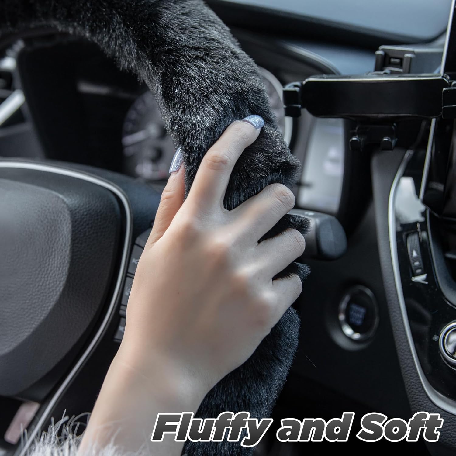Furry Car Steering Wheel Cover with Fluffy Gear Shift Cover Soft Warm Non-Slip Car Decoration for Men Women Girls 2