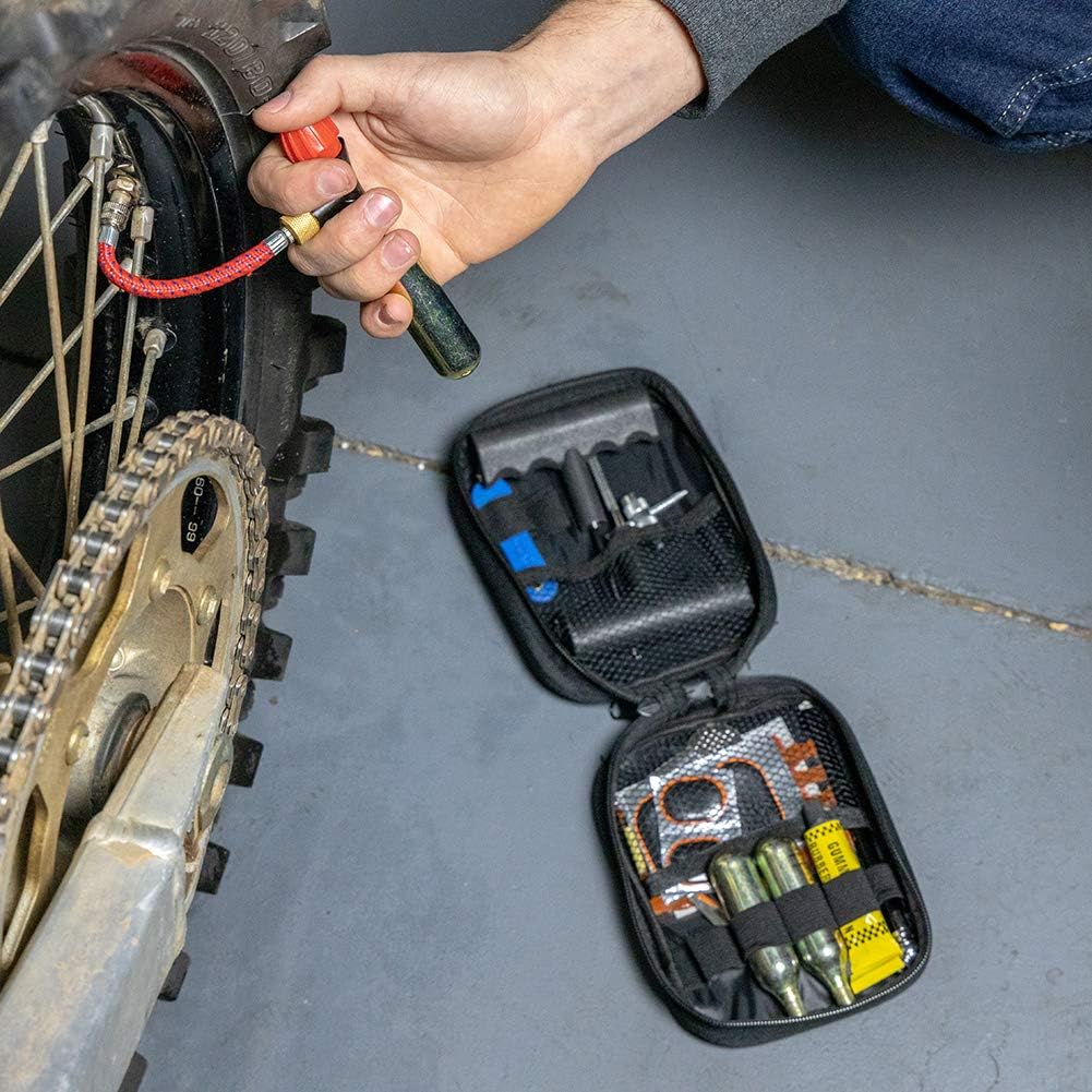 PP3167 Motorcycle Tire Repair Kit with Co2 Inflator and Cartridges for Tube and Tubeless Tires, Emergency Roadside