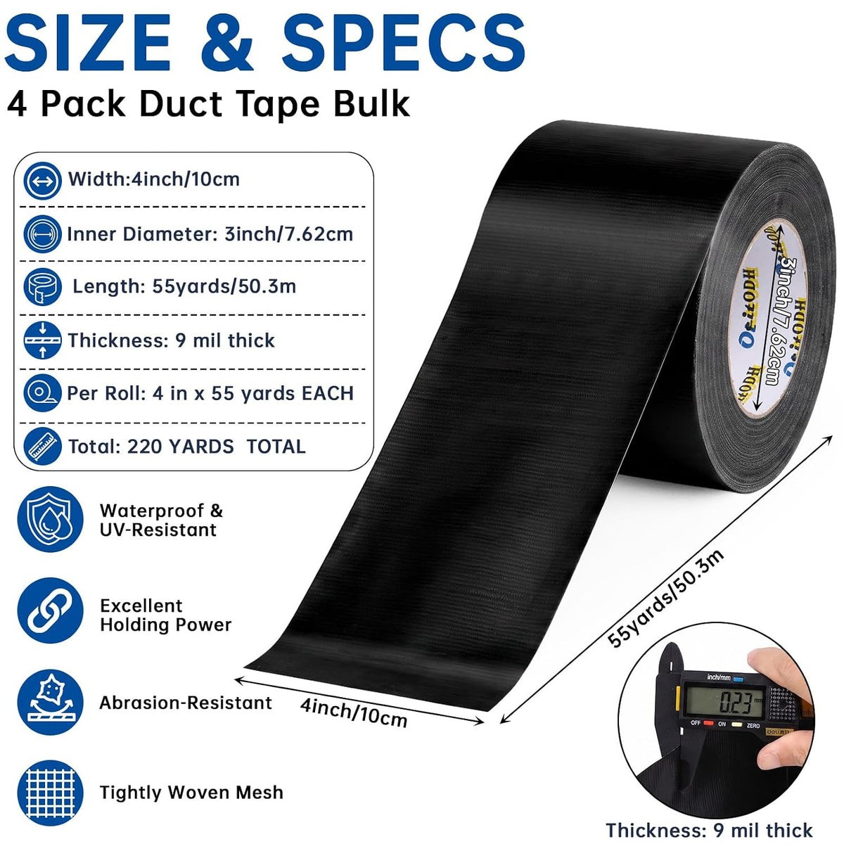 Black Duct Tape Bulk, 4 Inches x 55 Yards, 4 Pack