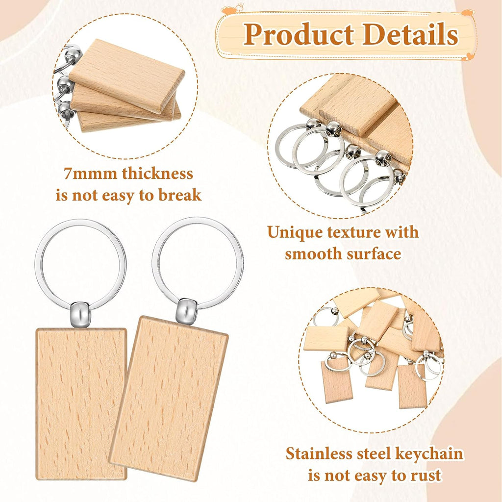 100 Pcs Wood Keychain Blank, Unfinished Laser Engraving Blanks | With Key Rings, Rectangular Keychain Ring Tag Wood