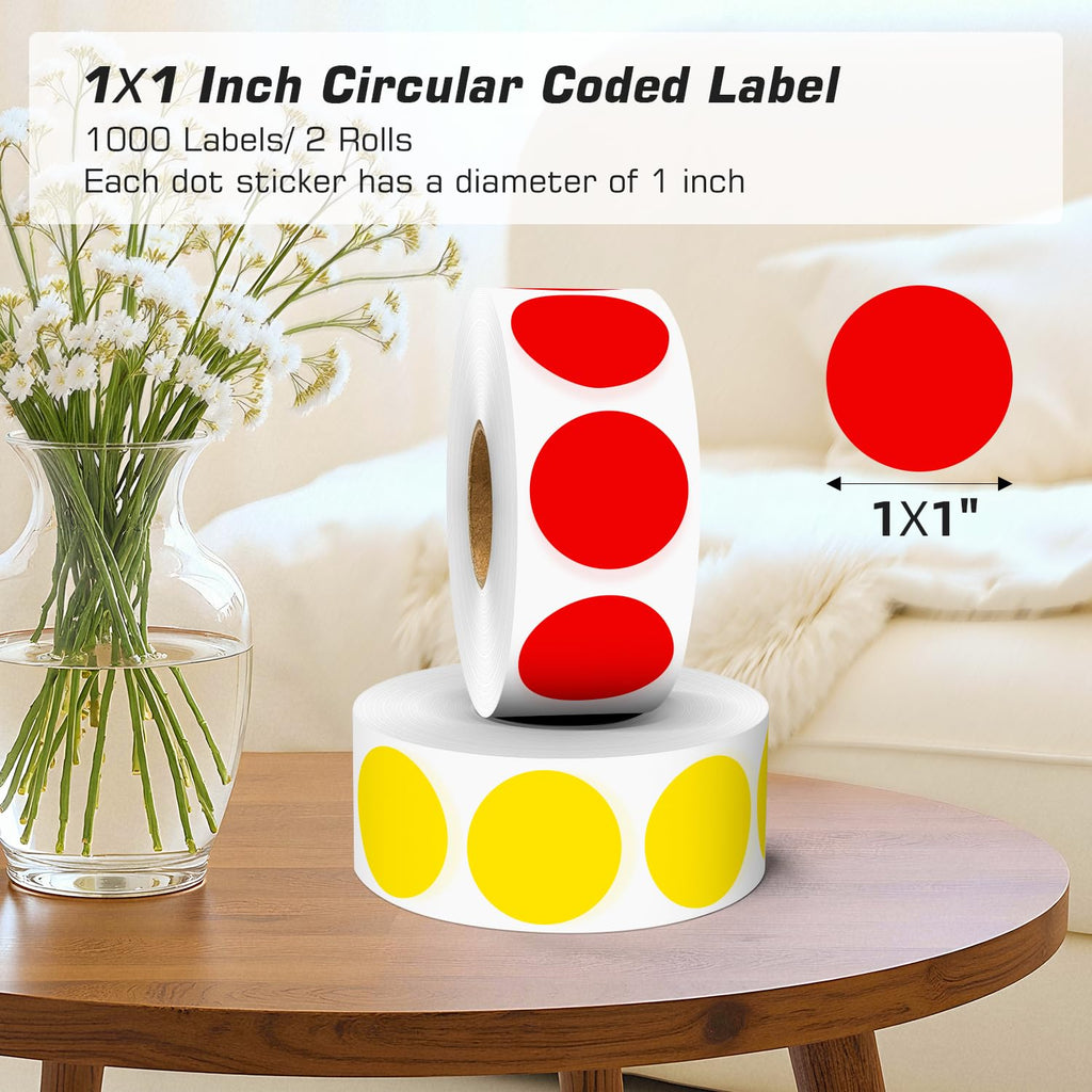1 Inch Round Adhesive Color-Code Dot Stickers,2Rolls/2000 per Roll dots Label Dispenser Box,Yellow/Red Circle