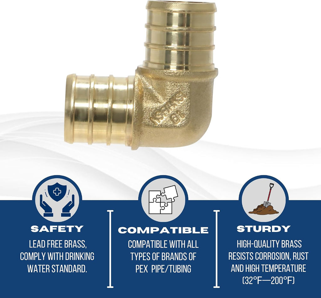 10 Pack XFITTING 3/4 in Pex Elbow, 3/4 Inch Brass Crimp Pex Elbow