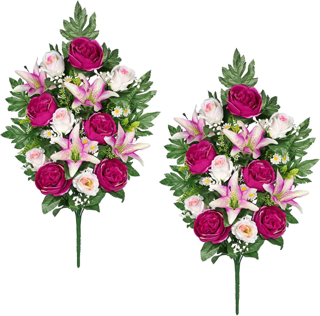 2 Set Artificial Cemetery Flowers for Grave, Silk Sympathy Grave Flowers Bouquet Fake Rose Peony Lily Floral
