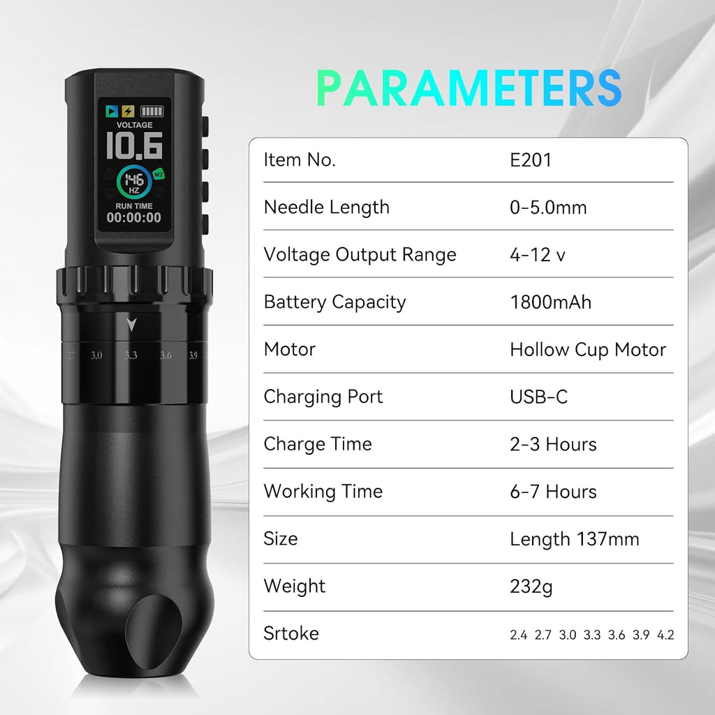 Gun, Rotary Tattoo Pen with 2 Pcs 1800mAh Large Capacity Batteries, 7 Adjustable Stroke Lengths, High Torque Motor &