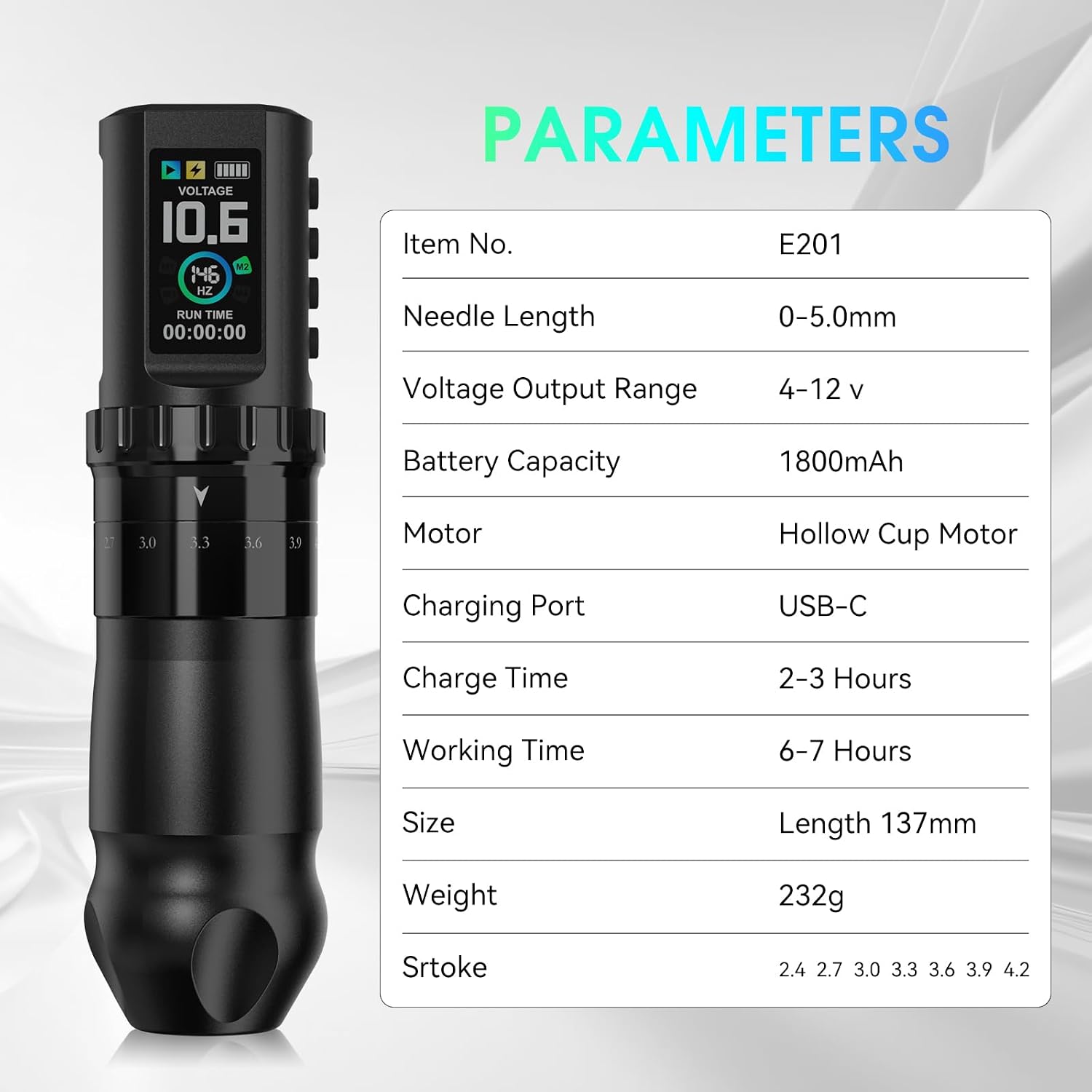 Gun, Rotary Tattoo Pen with 2 Pcs 1800mAh Large Capacity Batteries, 7 Adjustable Stroke Lengths, High Torque Motor &