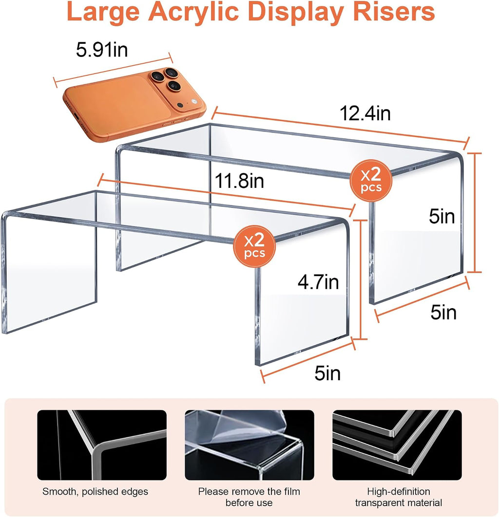 Large Acrylic Risers 4 Pcs (2 Sizes), 5mm Thick Display Stands | Large Size Display, Clear Acrylic Stands for