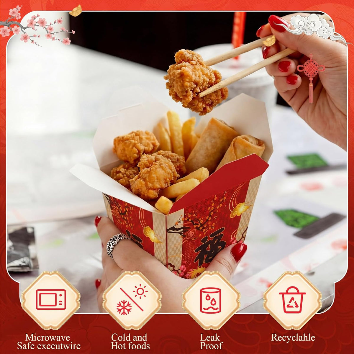 60 Pcs Chinese Fu Takeout Boxes 8oz Asian Party, Chinese Fu, Red