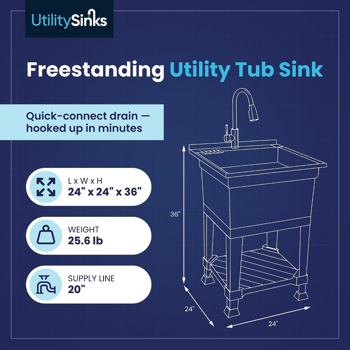 Utility Sink Black - Quick Connect Drain - 24 x 24 in