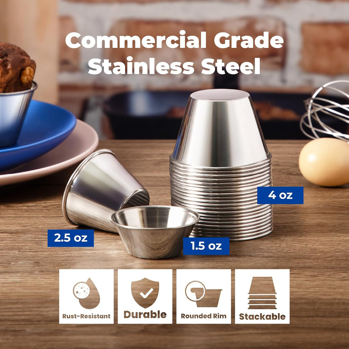[12 Pack 4 oz Stainless Steel Dipping Sauce Cups, Reusable Metal Ramekins, Commercial Grade Condiment Bowls