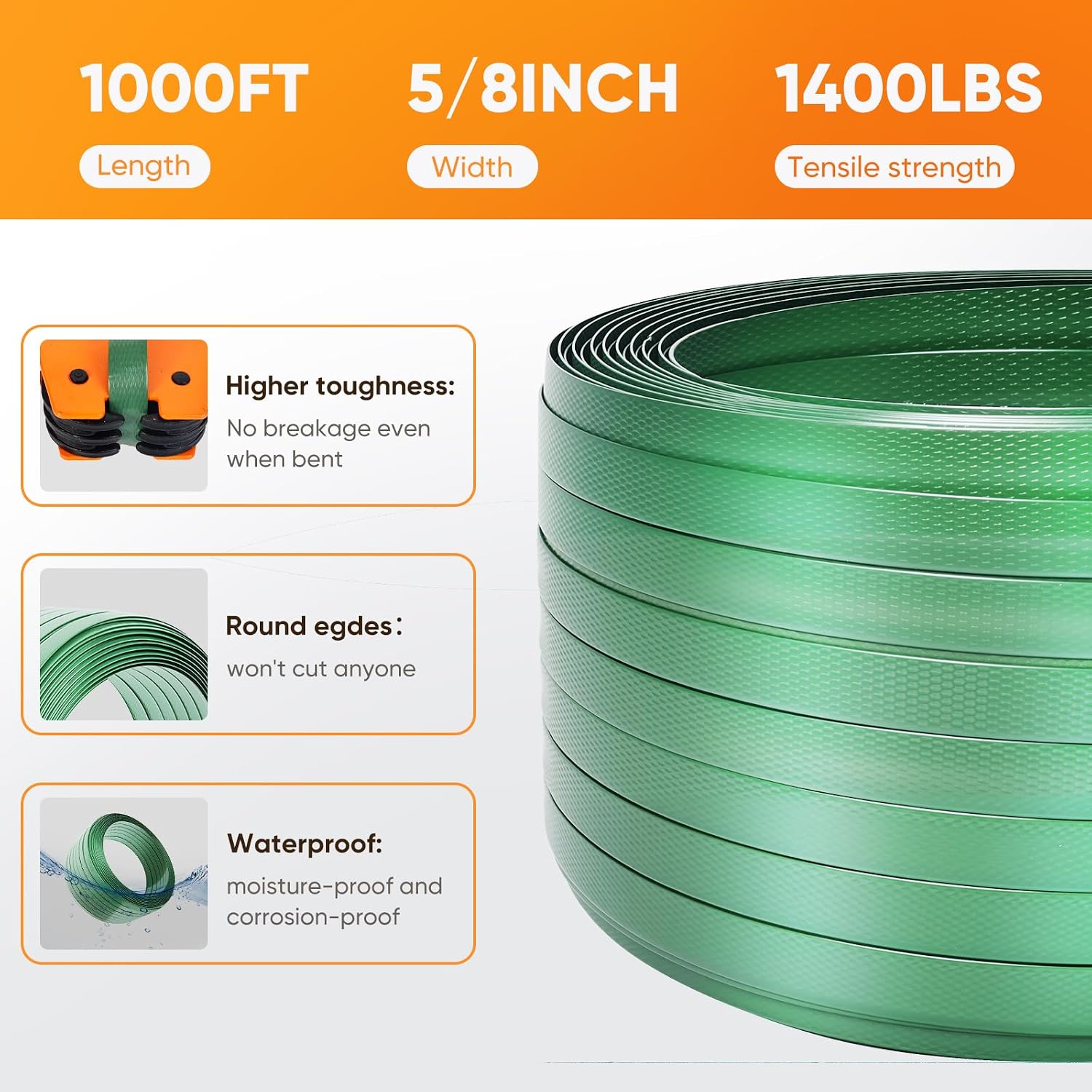 Heavy Duty Packaging Strapping Banding- Green Polyester PET Industrial-Grade, 1000' x 5/8" x 0.035" Pallet Strap Coil