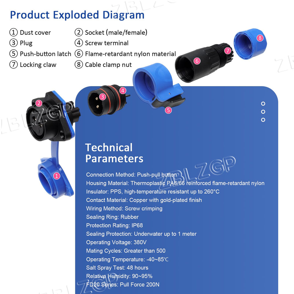 ZBLZGP FD20 5 Pin Solder-Free IP68 Dustproof Quick Lock Connector, Screw Terminal Diagonal Fixed Plug for Industrial Control Panel Wall Mount Installation