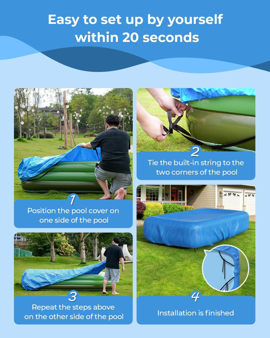 Inflatable Pool Cover Rectangle for 120” x 72”, 130” x 72”, 145" x 74" Pool, Secure Elastic Edge & Drawstrings 10' x