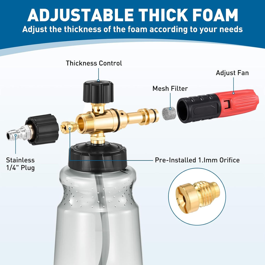 Foam Cannon for Pressure Washer, 1L Thick Foam Lance Soap Dispenser for Car Washing with Adjustable Thick Foam with