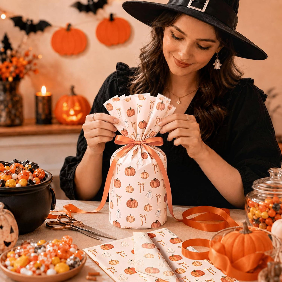 60 Sheets Halloween Tissue Paper, Orange Bow Ghost Pumpkin
