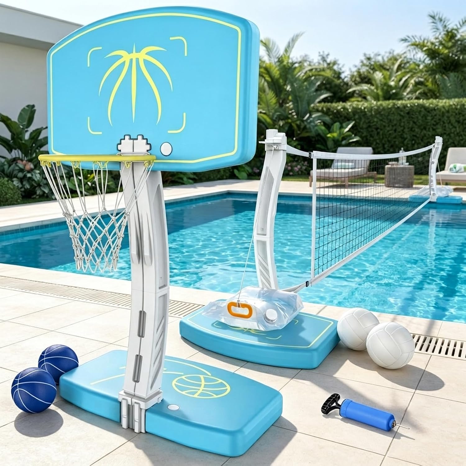 Pool Basketball Hoop and Volleyball Net Combo Set, with Stainless Steel Frame, 8 Lighting Modes, Dual-Mode Summer