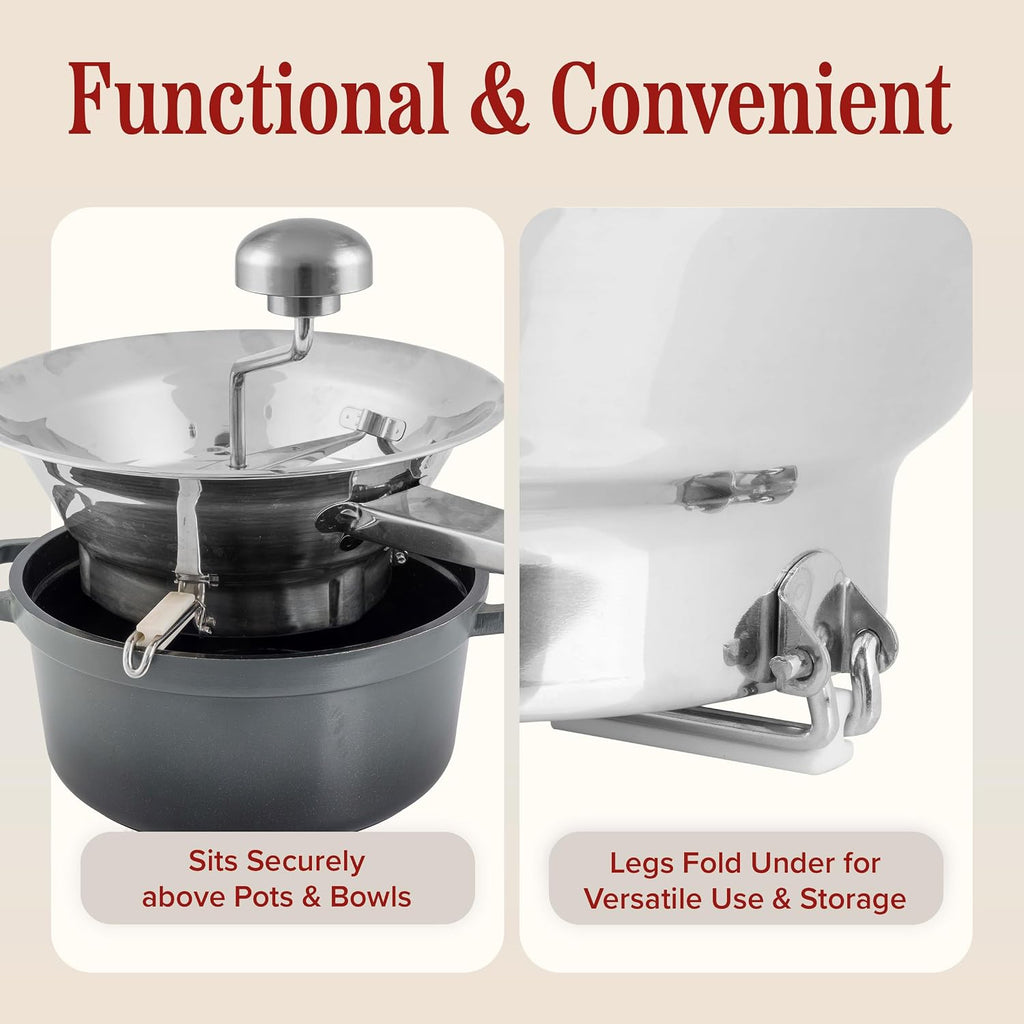Stainless Steel Food Mill with 3 Milling Discs (Fine/Medium/Coarse) - Dishwasher Safe Rotary Food Mill for Tomato