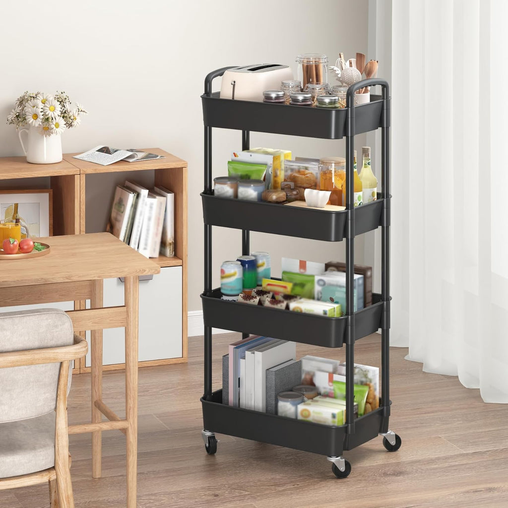 4-Tier Plastic Rolling Utility Cart with Wheels for Storage, Black