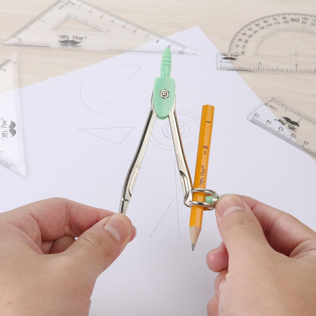 Geometry Set, 13 pcs, 3 Metal Compasses, Protractor, 6" Ruler | 45° & 30°/60° Set Squares, Pencils, Lead Refills