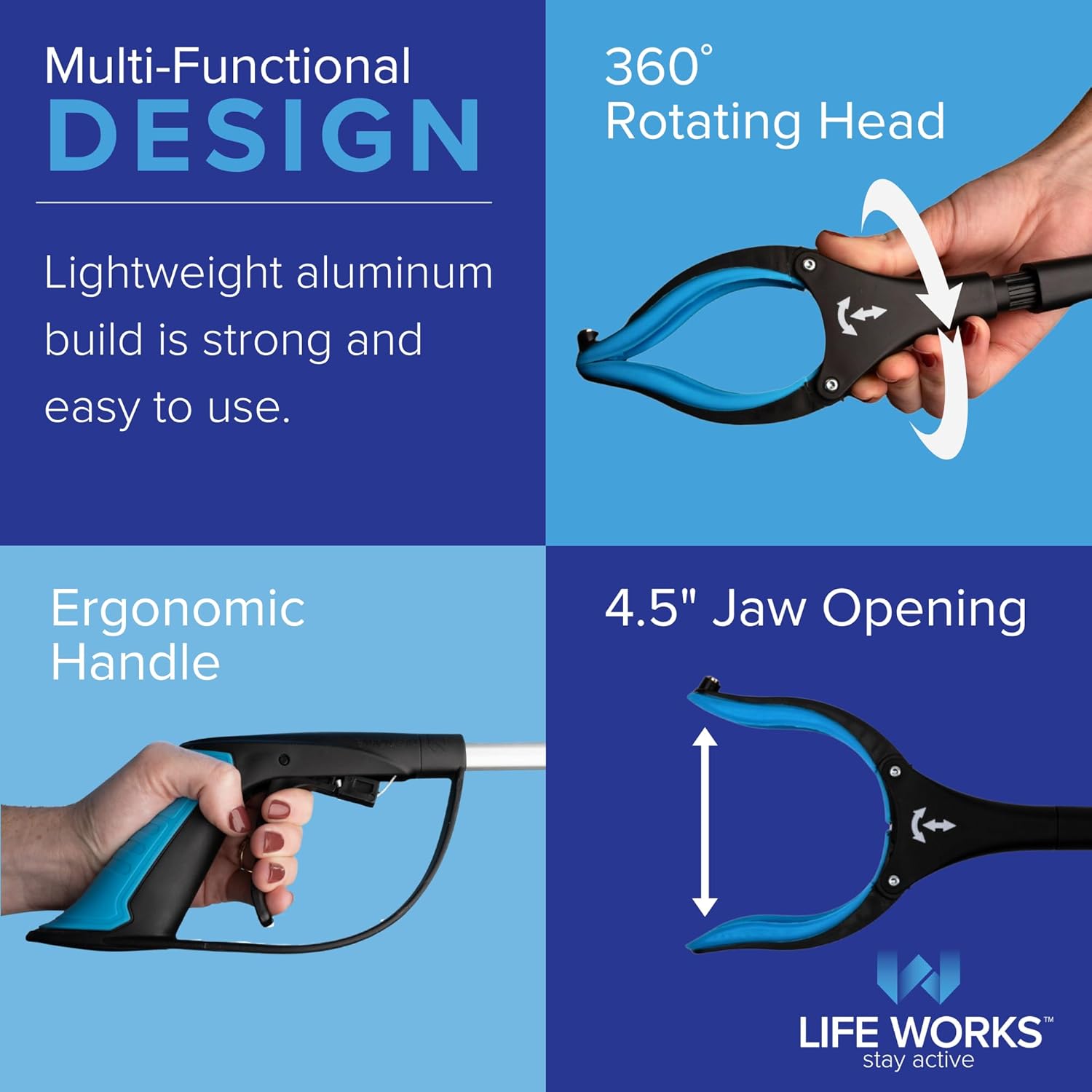 Reacher Grabber Tool, 360° Rotating Head, Lightweight 36" Foldable Arm, Ergonomic Grip, 4.5" Wide Jaw, Mobility Aid