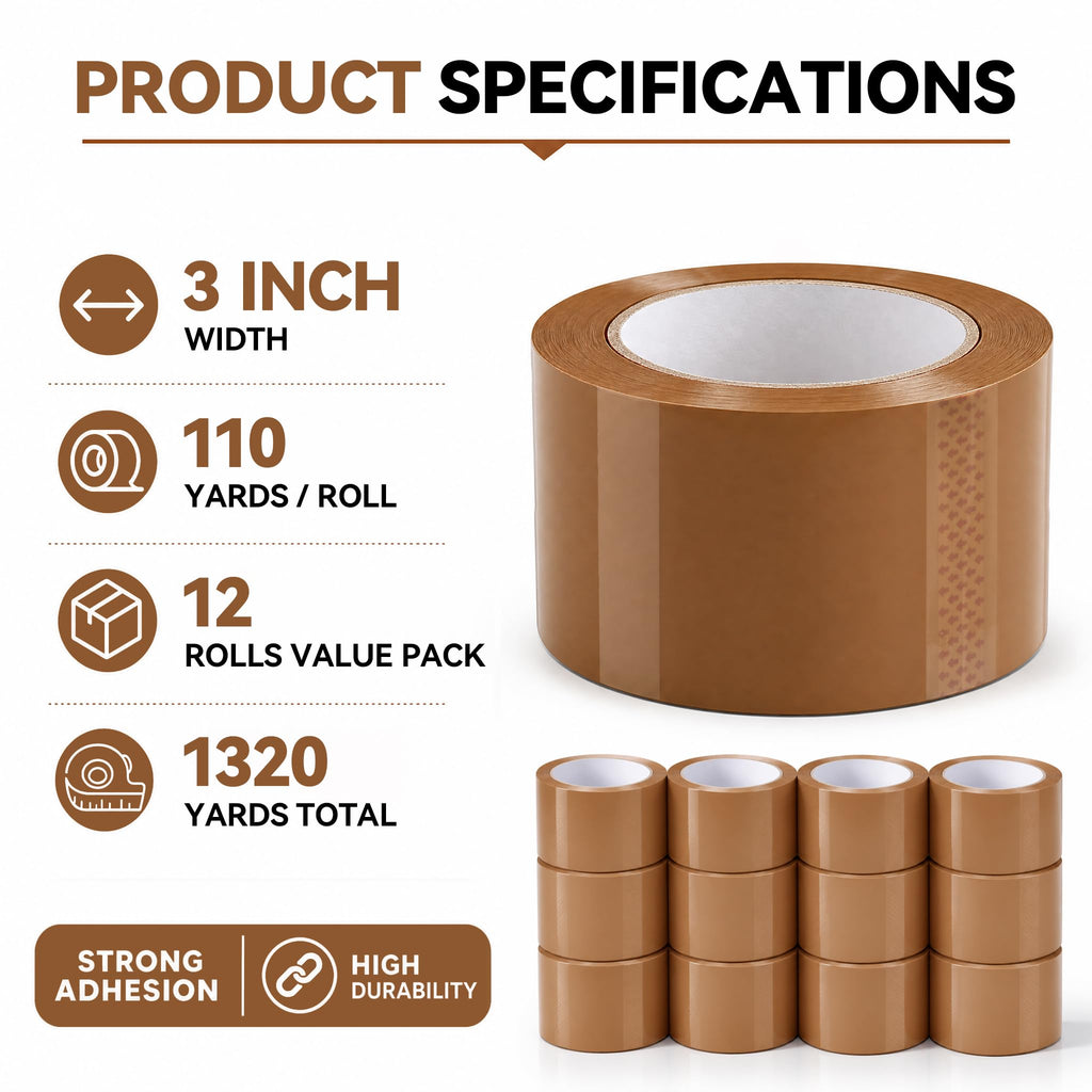 Brown Packing Tape 3 Inch x 110 Yards, 12 Rolls (1320 Yards Total)