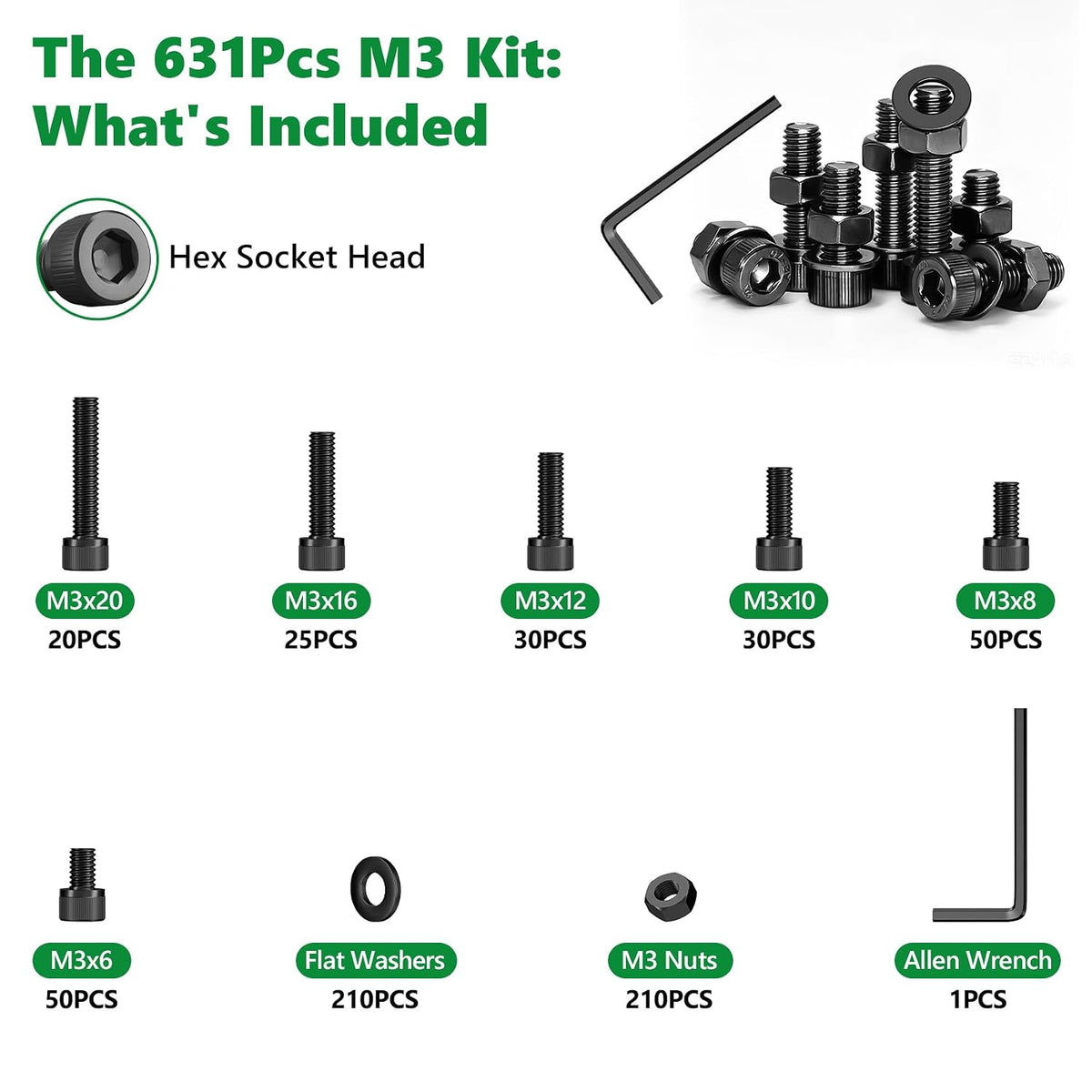 631PCS M3 Hex Socket Screw Assortment Kit, M3 x 6/8/10/12/16/20mm